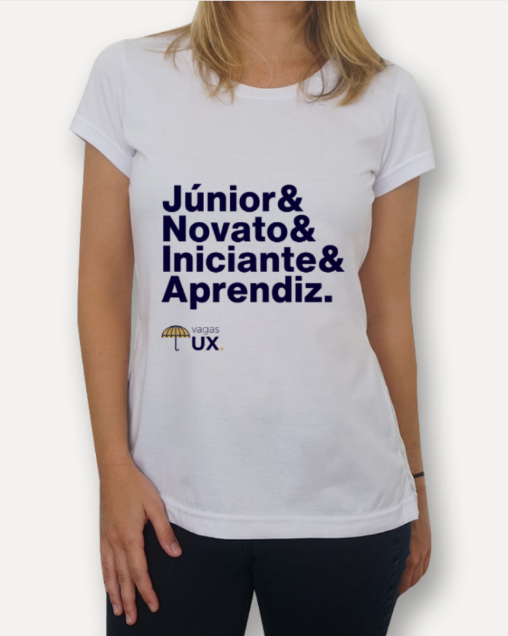 Babylook branca com Júnior, Novato, Iniciante e Aprendiz e logo VagasUX
